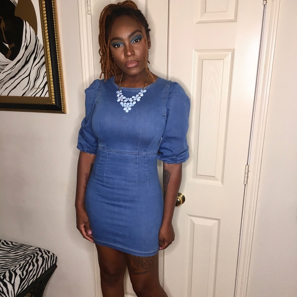 Puffy 3/4 sleeve bodycon stretch jean mini dress